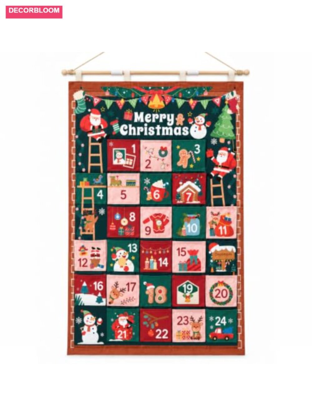 Fabric Hanging Advent Calendar 24 Fillable Pockets Christmas Countdown